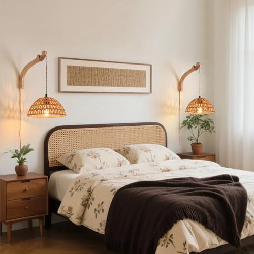 Plug in Wall Sconce,Farmhouse Wicker Wall Lamp Plug in,Hand Woven Rattan Wall Light Farmhouse Rustic Boho Sconces Wall Lighting for Living Room Bedroom - color: 9.8IN Rattan Lampshade, size: 1 PACK