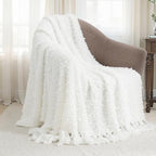 Winter Knit Throw Blanket Fluffy Fuzzy Soft Lightweight Cozy Farmhouse Tassels Chunky Knitted Throws for Couch Sofa Bed (White, 50"x60") - color: White, size: 50"x60"