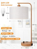 Innqoo Wood Table Lamp for Bedroom with USB Port and Outlet, Dimmable Nightstand Bedside Lamps with Linen Lampshade, Desk Lamp for Home Office, Living Room, Guest Room, LED Bulb Included - color: F-Beige Shade & Wood Base