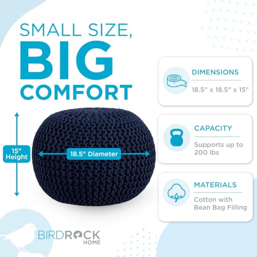 BIRDROCK HOME Round Pouf Ottoman Foot Rest - 18.5”x18.5”x15” Boho Compact Comfortable Soft Cotton Braided Foot Stool with Bean Bag Filling for Living Room, Bedroom, or Nursery (Navy) - color: Navy