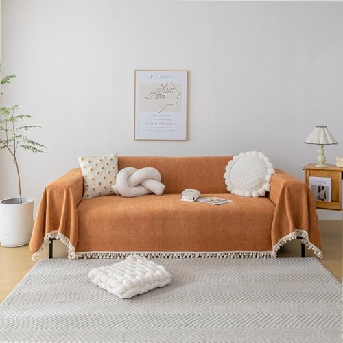 HANDONTIME Dark Orange Sofa Covers Couch Cover for Dogs Colorful Tassel Lovetseat Covers Pet Couch Cover Bohemian Sofa Cover for Couch Vintage Boho Couch Covers Futon Cover Pet-Friendly, 71" X118" - color: Tassel Ball: Orange, size: 71" x 118"