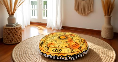 Round Mandala Floor Pillow Cover Seating Cushion Throw Cover Hippie Decorative Bohemian Ottoman Pouf Cover, Pom Pom Pillow Cases,Boho Indian 32 Inches Yellow Zodiac - color: Yellow, size: 32" Round