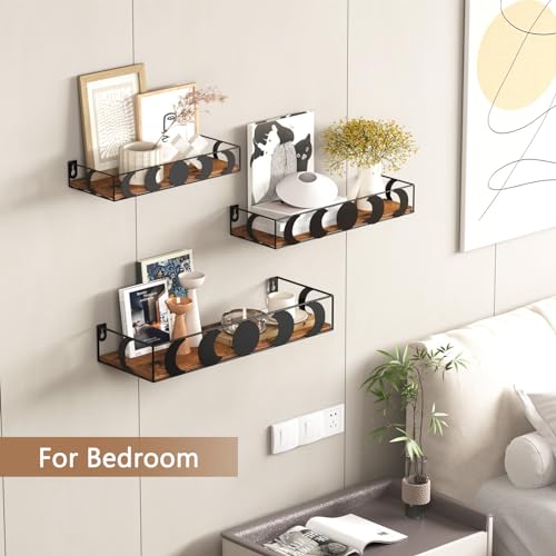 PHAREGE Black and Brown Floating Wall Shelves, Set of 3 Moon Phase Decorative Small Shelves for Bedroom Kid Room, Display Shelf for Crystal Collectibles Figurine - color: Black Brown