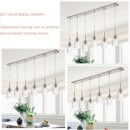 6-Lights Pendant Lighting for Kitchen Island in Brushed Nickel, Ceiling Light Fixtures with Adjustable Hanging Wire & Clear Glass Shades - color: Brushed Nickel, size: 6-Light