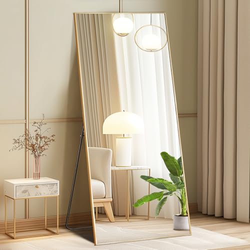 DUMOS 64"x21" Full Length Mirror with Stand, Floor Standing Aluminum Frame, ShatterProof Nano Glass for Bedroom, Living Room, Cloakroom Modern Simple Home Decor, Can Be Hanging, Leaning or Wall, Gold - color: Gold-rect Edge, size: 64"L x 21"W