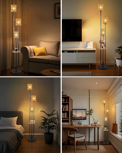 63IN Dimmable Floor Lamp with Shelf, Black Rattan Tall Standing Lamps Candle Holder Style, 3000K Warmwhite Mid Century Modern Floor Lamp with 5Lbs Heavy Base for Living Room (Bulbs Included) - color: 3 Rattan-Black Shelf