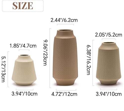 Ceramic Vase Set of 3, Modern Multicolor Pattern Flower Vases for Home Decor, Office, Centerpieces, Boho Farmhouse Style (Khaki/Brown/Beige) - color: Terracotta/Tan/Cream-vt2