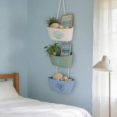 Hushee 3-Tier Over the Door Hanging Baskets Coastal Woven Cotton Wall Mounted Storage Baskets Decorative Starfish Seashell Scallop Cotton Rope Organizer for Kitchen Bathroom Living Room Decor
