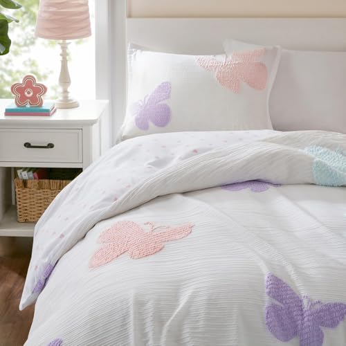Intelligent Design Kids Rio Twin Duvet Set – Girls’ Reversible Tufted Chenille Bedding with Pastel Purple Butterflies and Pink Dot, 2pcs - color: Multicolor, size: Twin
