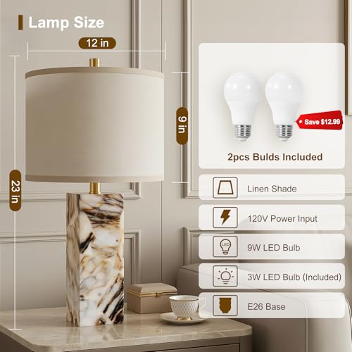 Scenekoy 23" Modern Alabaster Table Lamps Set of 2 with Night Light for Bedroom, Rotary Switch, Bedside Lamp with Linen Shade, Brown Table Lamp for Living Room Nightstand Office (Bulb Included) - color: Brown