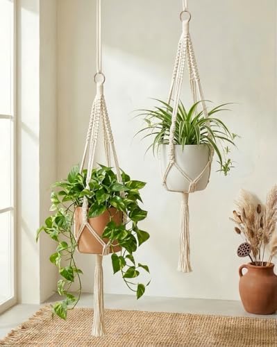 Bamworld Macrame Plant Hanger Indoor Hanging Planter for Plants Hanging Plant Basket Macrame Wall Hanging Planters Boho Decor Home Room Decor Aesthetic 36 Inches Ivory, Set of 2