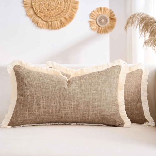 Boho Lumbar Throw Pillow Covers 12x20 Pillow Cover with Tassels Faux Linen Farmhouse Decorative Cushion Covers Khaki for Sofa Bed Living Room Home Decor Set of 2 - color: Khaki, size: 20" x 12" (Pack of 2)