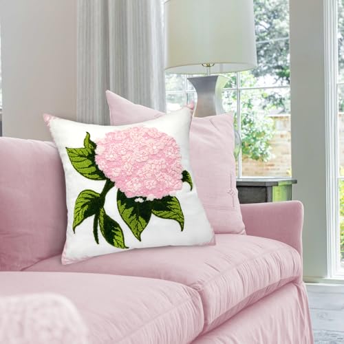 Alysheer Spring Hydrangea Embroidered Decorative Throw Pillow Covers 18"x 18" Set of 2, Summer Floral Tufted Patterned Light Pink Cotton Cushion Cases for Couch Bed Living Room Decor - color: Hydrangea Pink, size: 18" x 18" (Pack of 2)