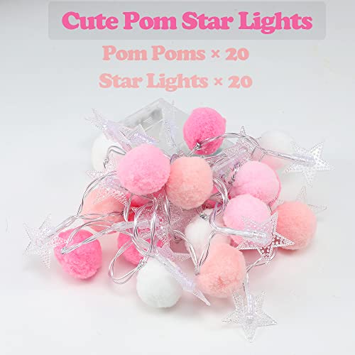 ChiRee Indoor String Lights 6.56 Feet Pom Poms Star Lights 20 LED Battery Operated String Fairy Lights Warm White Star Lights Colorful Decor Lights for Home Bedroom Kids Playhouse Holiday Christmas - style: Star-Pink