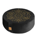 Embroidered Meditation Pillow D=16" H=5.5" Round Velvet Meditation Cushion Yoga Bolster Floor Pouf Zafu Natural Buckwheat hulls Sitting on Floor Removable Organic Cotton Cover Large Kneeling Pillow - color: Black & Yellow