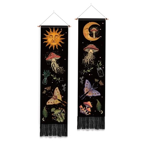 PLIGREAT 2 Pack Mysterious Art Mushroom Tapestry Vertical Boho Sun Moon Wall Hanging with Tassels Aesthetic Wall Tapestry for Bedroom Bathroom Living Room Long Narrow Wall Hanging Home Art Decor - color: Yellow and Purple