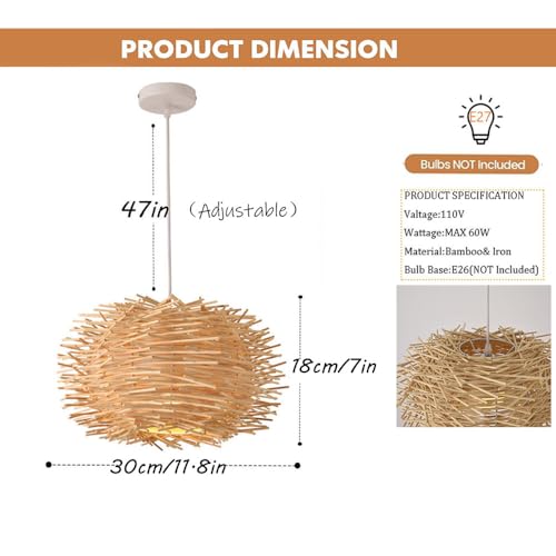 Tropical Island Beach Chandelier Creative Unique Weaving Pendant Lamp Bird's Nest Ceiling Hanging Light Hanging Lighting with Shape Rattan for Teahouse Dining Room in Beige - size: 30cm/11.8in
