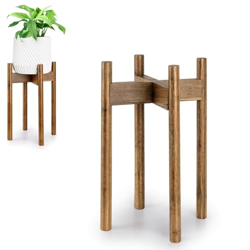 Fox & Fern Adjustable Tall Plant Stand Indoor — 8 to 12 Inch Mid Century Bamboo Plant Stand with Adjustable Width - Plug In Design - Easy to Assemble - Two Heights - For 8, 9, 10, 11 & 12 In Pots - color: Polished Bamboo - Mid, size: 8 - 12 Inch - Adjusta