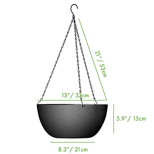 WOUSIWER 13 inch 2Pack Large Hanging Planters for Outdoor Indoor Plants with Drainage Holes and Chain, Round Hanging Flower Pots for Garden Home Porch Decor, Black - color: Black