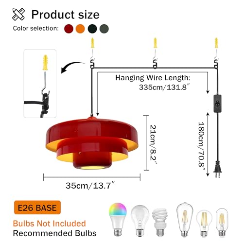 Hanging Lamp Plug in Red Pendant Light Fixtures Mid Century Modern Pendant Lamp Nordic Style Pendant Lighting Metal Shade for Living Room Dining Room Bedroom Kitchen Island - color: Standard-Red (13.5in)