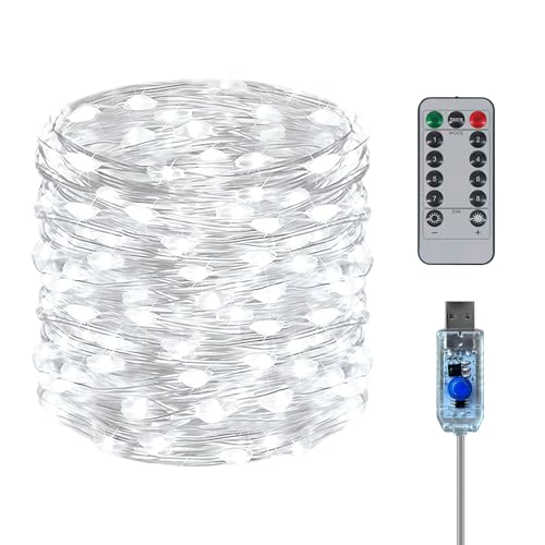 Twinkle Fairy Lights 8 Modes with Remote and Timer 33ft 100LED USB Plug in String Lights Waterproof String Lights for Bedroom Indoor Wreath Party Wedding Christmas Decoration, White - color: White, size: 1 Pack