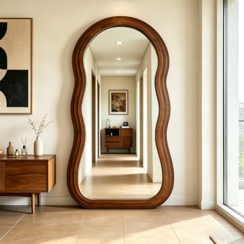 Wavy Full Length Mirror, 71"x33.5" Oversized Organic Floor Mirrors with Triple-Layer Solid Wood Frame, Irregular Full Body Mirror for Entryway Hallway Living Room Cloakroom, Leaning/Hanging - color: Walnut Wavy Frame, size: 71"L x 33.5"W