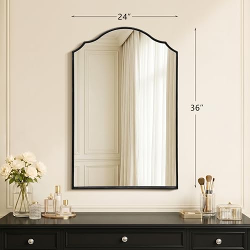 Besdomus Scalloped Black Mirror for Bathroom: 24"x36" Minimalist Modern Arched Mirror - Wooden Frame Wall for Vanity/Bedroom/Mantle/Entryway/Fireplace/Hallway - Idea for Housewife - color: Black, size: 36"L x 24"W