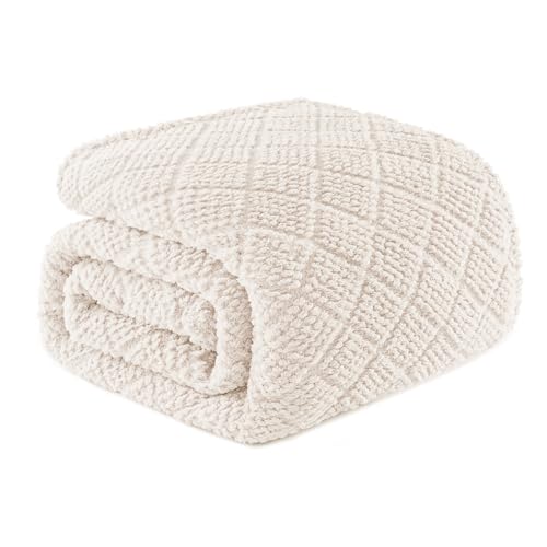 Whale Flotilla Fuzzy Fleece Queen Size Blanket for Bed, Soft Fluffy Jacquard Waffle Blankets for All Season, Lightweight and Cozy, 90x90 Inch, Ivory - color: Ivory, size: Queen(90x90 Inch)