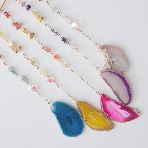 7 Chakra Wind Chimes Tree of Life Agate Moon Dream Catchers Hanging Ornament Natural Gem Agate Slice Crystal Wind Chime for Home Garden Decoration (Color) - color: Color