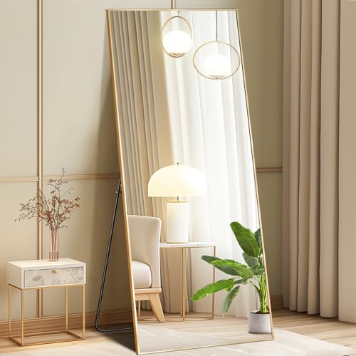 DUMOS 24"x65" Full Length Mirror with Stand, Floor Standing Aluminum Frame, Shatter-Proof Nano Glass for Bedroom, Living Room, Cloakroom – Modern Simple Home Decor,Can Be Hanging or Leaning, Gold - color: Rect-gold, size: 65"L x 24"W
