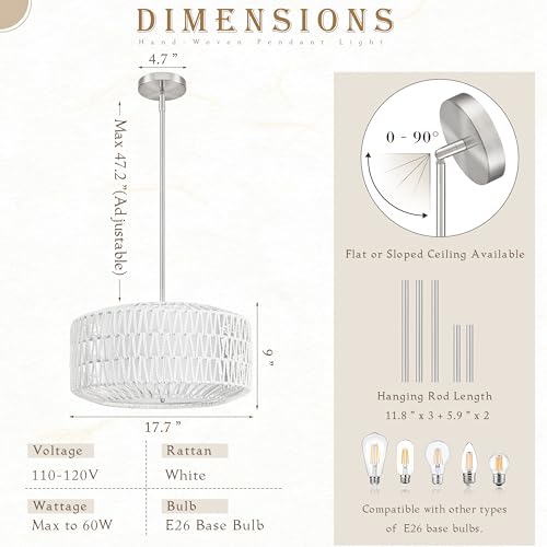 18 inch White 3 Light Rattan Light Fixture Woven Pendant Lights Rattan Farmhouse Chandeliers Fabric Shade Boho Chandelier for Dinning Room Kitchen - color: 18"-White-Prism