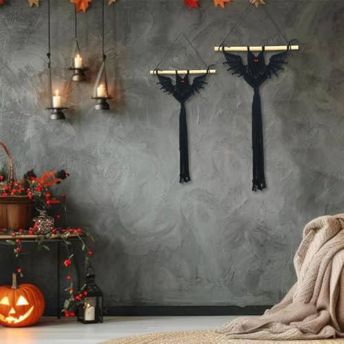 LB 2 Pcs Halloween Black Macrame Wall Hanging, Spooky Macrame Wall Art Black Bats Home Decor Gothic Horror Bat Design Woven Tapestry for Living Room Halloween Party Supplies Holiday Decor - color: Black Red