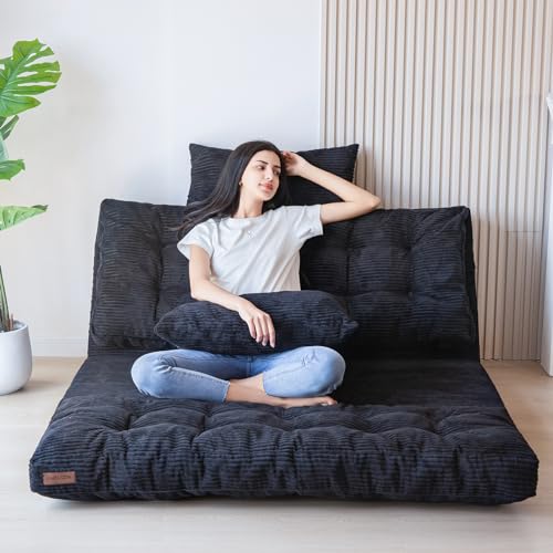 MAXYOYO Folding Sofa Bed, Tufted Bean Bag Bed with Pillows Floor Couch for Adults, Extra Thick and Long Floor Sofa, Single Couch for Bedroom Living Room, Black, 30x91 Inch - color: Black, size: Tufted Single
