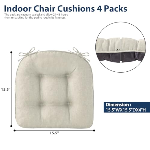 IASEAHK Chair Cushions for Dining Chairs, Seat Cushions for Kitchen Chairs, Indoor Seat Cushions with Ties, Tufted Foam Chair Pads, Non Slip Chair Cushions Set of 6, 15.5" x 15.5" x 4", Beige - color: Beige, size: Pack of 6