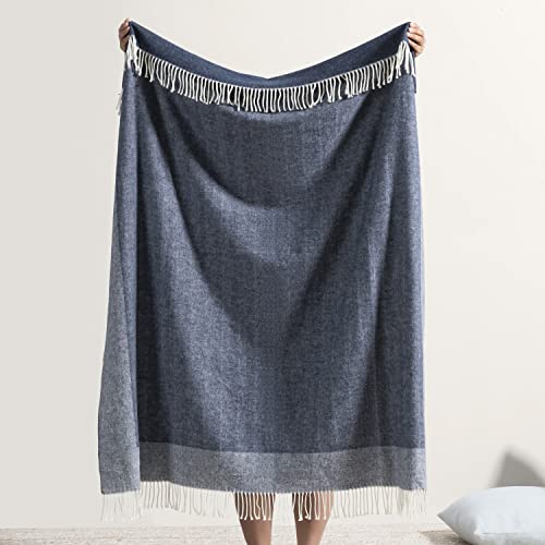 Lands Downunder All-Season, Luxury Navy Border Herringbone Throw – Soft Woven Throw with Decorative Fringe – Made in Italy – 51”W x 67”L - Perfect for Gifting - color: Navy