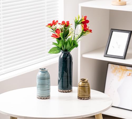 Ceramic Vase Set of 3, Farmhouse Decorative Vase for Pampas Grass, Living Room, Bathroom,Bookshelf, Centerpieces (Blue/Navy Blue/Yellow) - color: Blue-vt 1
