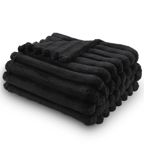 NEWCOSPLAY Super Soft Throw Blanket Black Premium Silky Flannel Fleece 3D Ribbed Jacquard Lightweight Bed Blanket All Season Use (Black Ribbed, Throw(50"x60")) - color: Black Ribbed, size: Throw(50"x60")