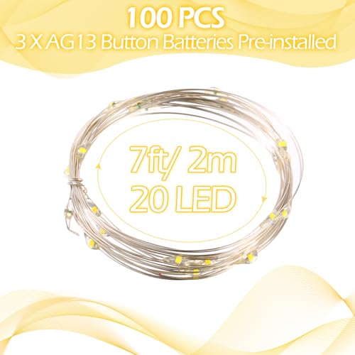 Hortsun 100 Packs Fairy Lights Battery Operated 3 Speed Modes, 7 Ft/ 2 M 20 LED Battery String Mini Waterproof Wire Twinkle Lights Bulk for Wedding Party Birthday Vases Decor (Warm White) - color: Warm White