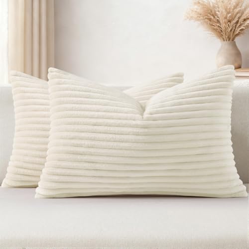 Simmore Decorative Throw Pillow Covers 12x20 Set of 2, Soft Natural Plush Flannel Double-Sided Fluffy Lumbar Pillow Covers for Couch Sofa Living Room, Cream White - color: Cream White, size: 20" x 12" (Pack of 2)
