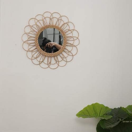 Hanging Mirror - Rattan Sunflower Circular Wall Mirror, Decor Bathroom Boho Nordic Wicker Dressing Makeup Mirrors for Inodoor Home Office Living Room Hallway (15.75inch)