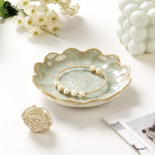 Lotus Ring Holder Dish Small Indoor Ash Tray, Ceramic Dessert Plate Trinket Jewelry Holder Organizing Necklace Earrings for Parents Friends Sister, Light Green. All Jewelries Are NOT Included. - color: Jade Green