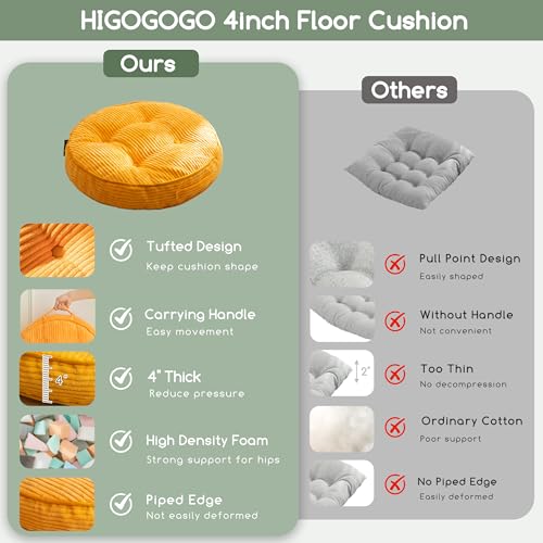 HIGOGOGO Floor Pillow Cushion for Adults, Meditation Cushion Pillow, Large Round Floor Sitting, Tufted Corduroy Cover, for Tatami Living Room or Yoga, 22x22 Inch, 2Pack, Orange - color: Round Orange, size: 4" Thick(Pack of 2)