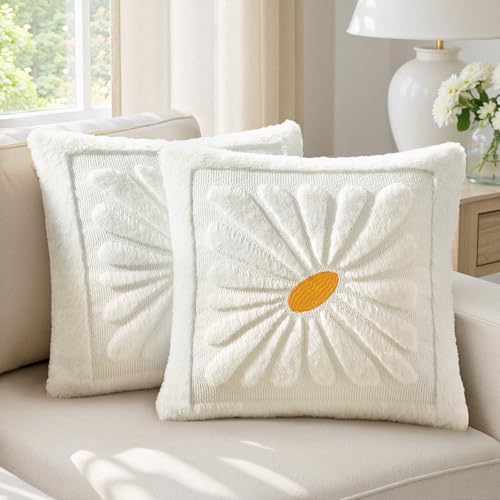 EMEMA Set of 2 Spring Summer Sunflower Floral Pillow Covers, Plush Faux Fur Decorative 18x18 Cushion Cases Adding a Soft, Bright Seasonal Accent to Sofa Couch Bed Modern Farmhouse Living Room, White - color: White, size: 18" x 18" (Pack of 2)