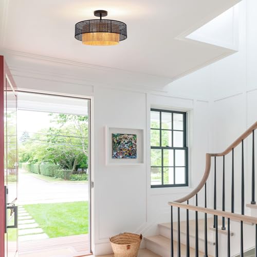 17.7" Black Bohemian Wicker Flush Mount Ceiling Light, Hand-Woven Double Layer Drum Semi-Flush Fixture for Bedroom, Living Room, Dining Room, Hallway & Kitchen - color: 17.7'' Rattan&Hemp rope Black