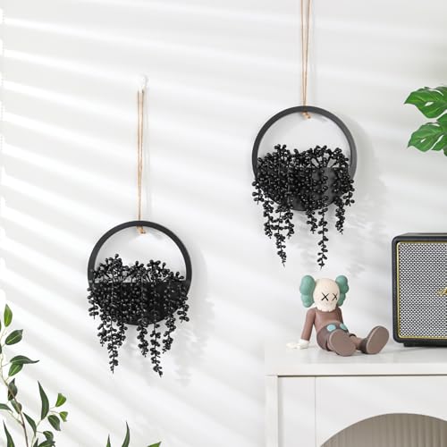 Artificial Hanging Plants Hanging Planter Fake Succulents Artificial String of Pearls with Pot and Lanyard for Home Office Wall Decoration - color: All Black, size: 2 Pcs