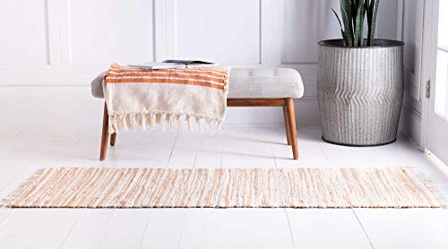 Unique Loom Chindi Cotton Collection Soft Hand Woven Natural Fiber Striped Area Rug, 2 ft x 6 ft, Beige/Ivory - color: Beige/Ivory, size: 2' x 6' (Runner)