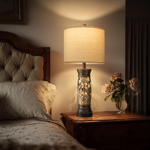BOBOMOMO 27.25” Antique Gold Table Lamps Set of 2 – Farmhouse Bedside Lamps with Night Light & USB A+C Ports, Vintage Lamps for Bedroom, Living Room, Entryway, Nursery, Reading Nook(Bulbs Included - color: Antique Gold