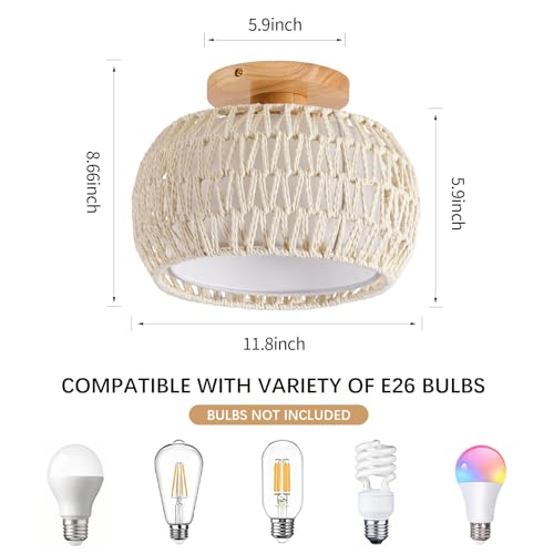 Boho Rattan Ceiling Light Fixture - 3 Style Options Wicker Semi Flush Mount Ceiling Lights,Beige Coastal Light Fixtures,Bohemian Woven Basket Chandelier for Hallway Bedroom Nursery Kitchen Laundry - color: Beige