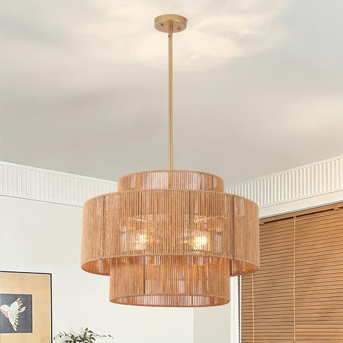 24.2 inch Boho Rattan Chandeliers for Dining Room, 4-Light Large Boho Pendant Light Rustic Drum Chandelier Farmhouse Rattan Light Fixtures for Kitchen Island Foyer Bedroom (Gold), 70.8"H Max