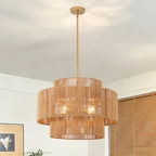 24.2 inch Boho Rattan Chandeliers for Dining Room, 4-Light Large Boho Pendant Light Rustic Drum Chandelier Farmhouse Rattan Light Fixtures for Kitchen Island Foyer Bedroom (Gold), 70.8"H Max